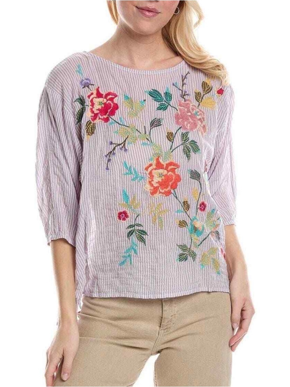 JOHNNY WAS Adele Boatneck Top Blouse in Lavender White Striped Bohemian Sz. S